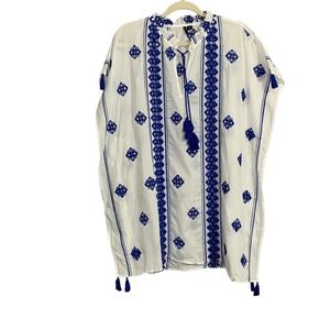 J. Crew white cotton bohemian coverup‎ with blue embroidery and tassels. Size S